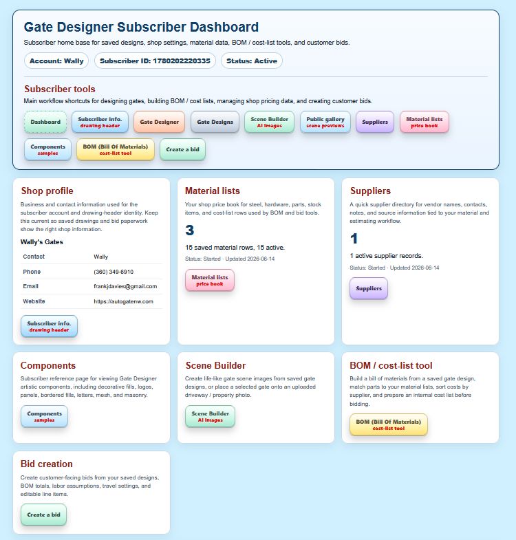Subscriber dashboard for online gate design software
